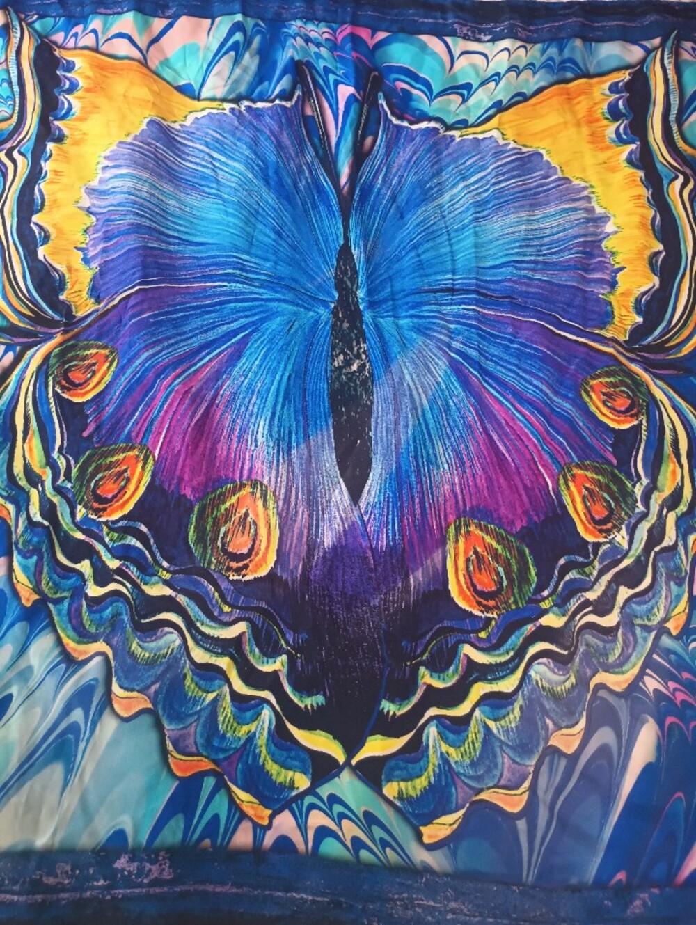 100% Silk Luxurious  MonnaLisa Epson Colorful Vibrant Butterfly Scarf Rolled Hem